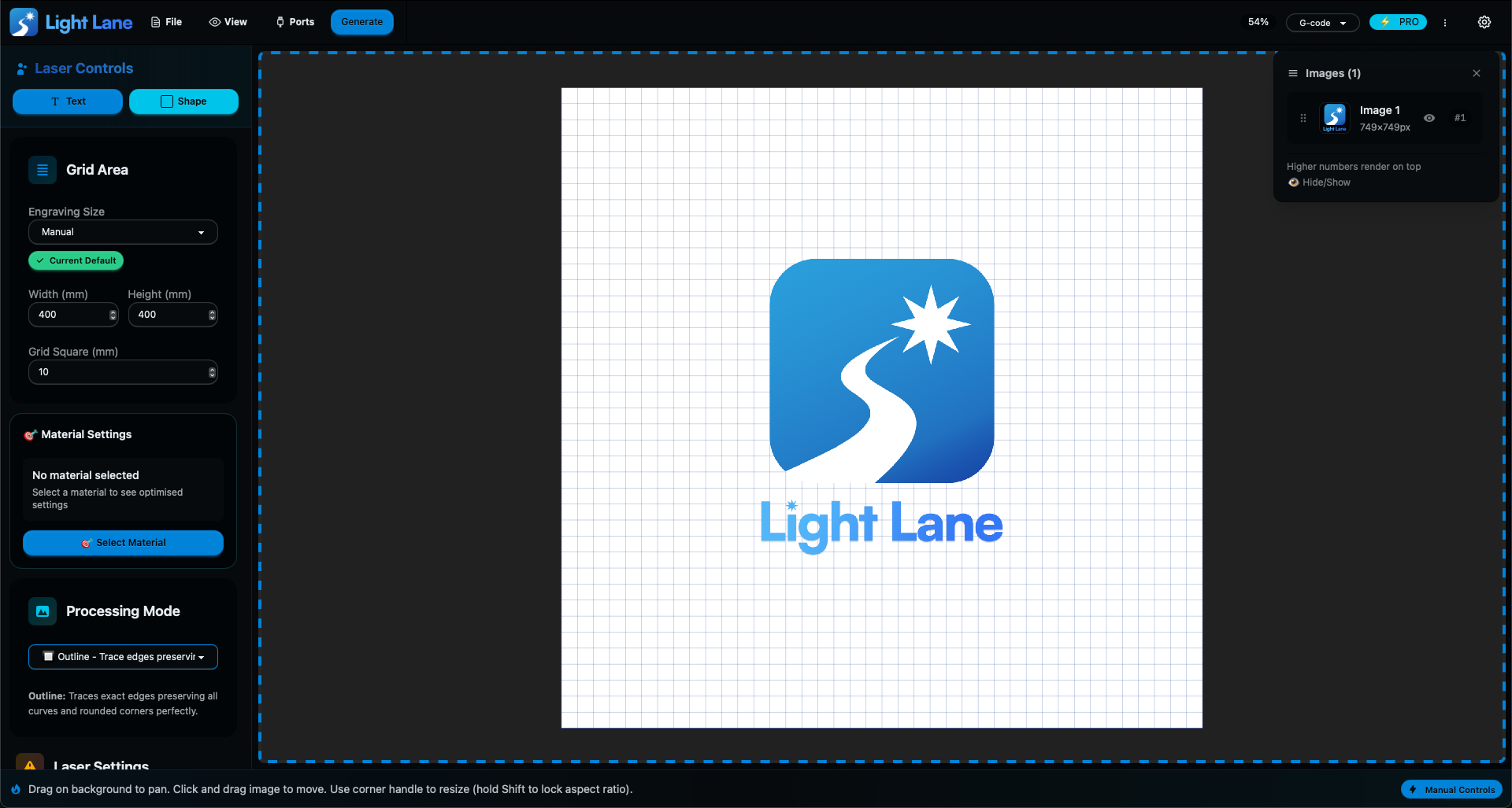 Lightlane basic engraving workspace screen